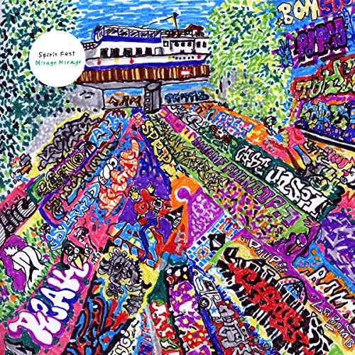 "Vibrant album cover with graffiti, a building, and body of water."
