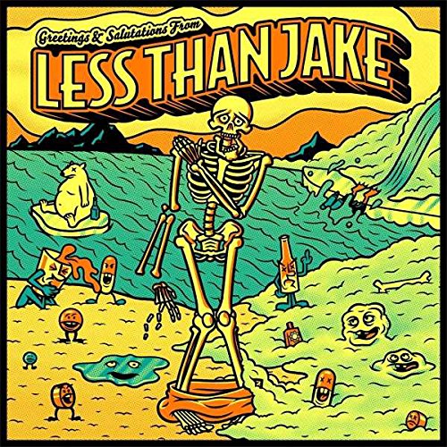 "Album cover art featuring a cartoon skeleton on a beach with various quirky characters."