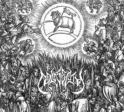 Black and white illustration of a lamb surrounded by figures and animals.