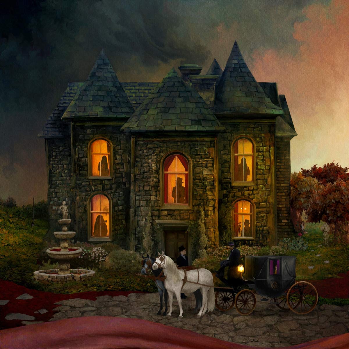 "Album cover art: A horse-drawn carriage outside a large, dark stone mansion."