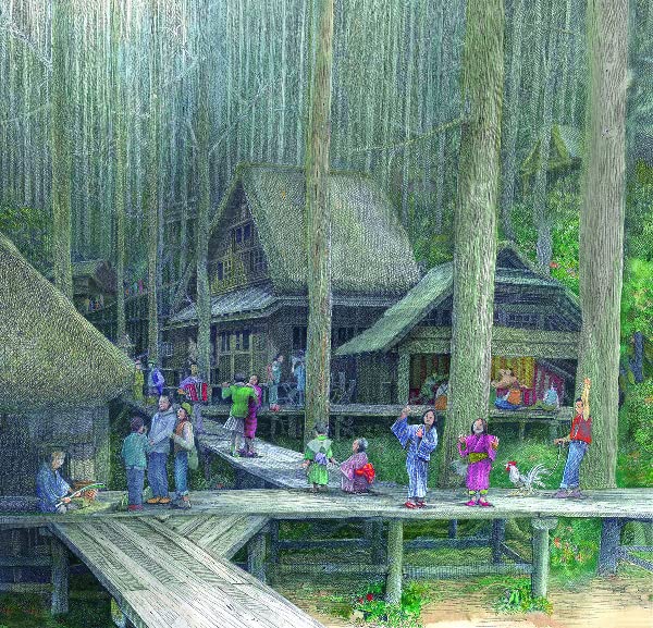 Painted village scene with thatched roofs and figures amongst trees.