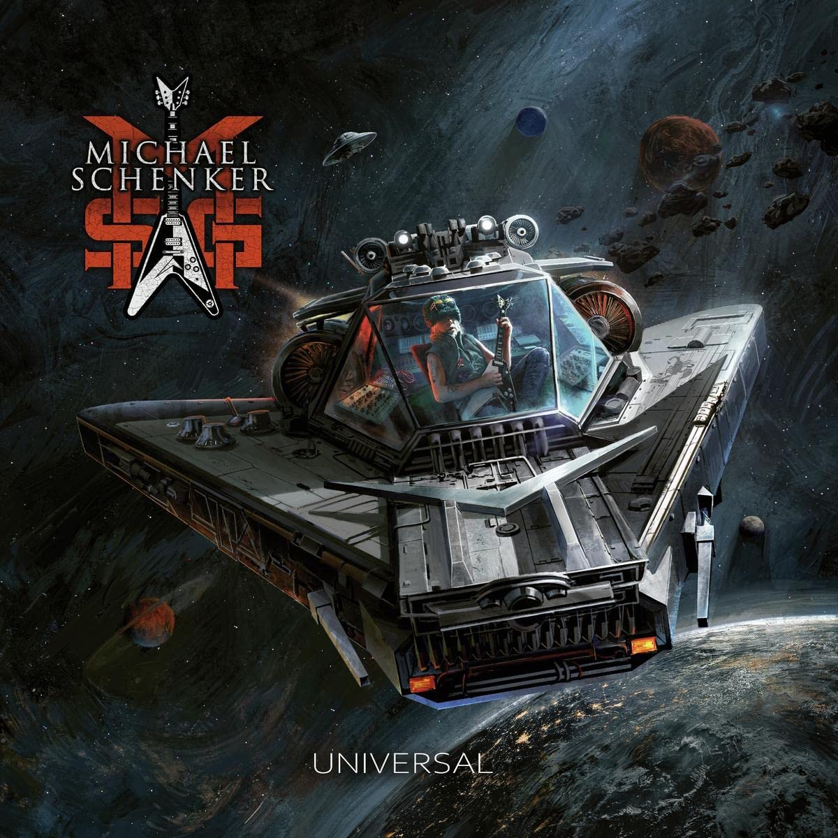 "Album cover featuring a futuristic spaceship with a guitarist inside, set against a space background."