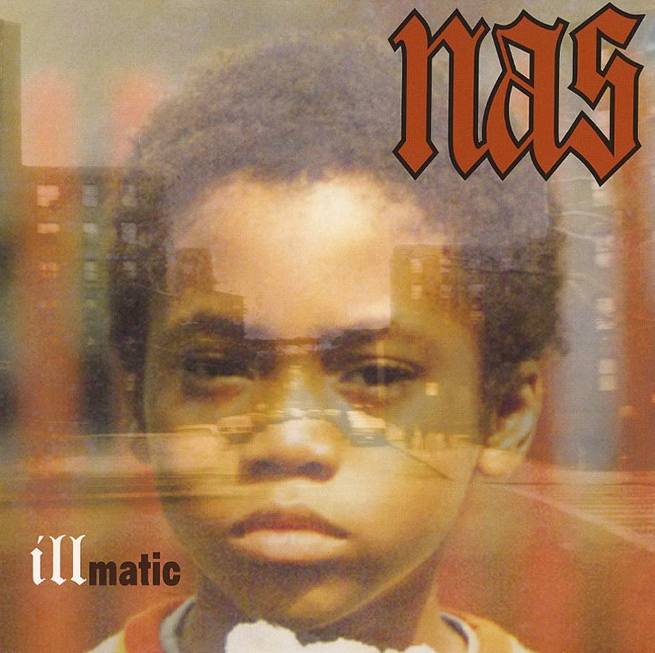 "Vinyl record with red marble disc and Nas' 'Illmatic' album cover featuring a young boy."