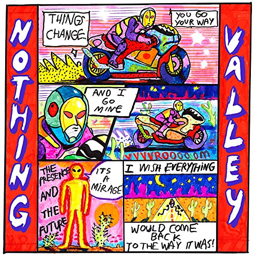 "Colorful comic strip album cover with futuristic illustrations and text on a red background."