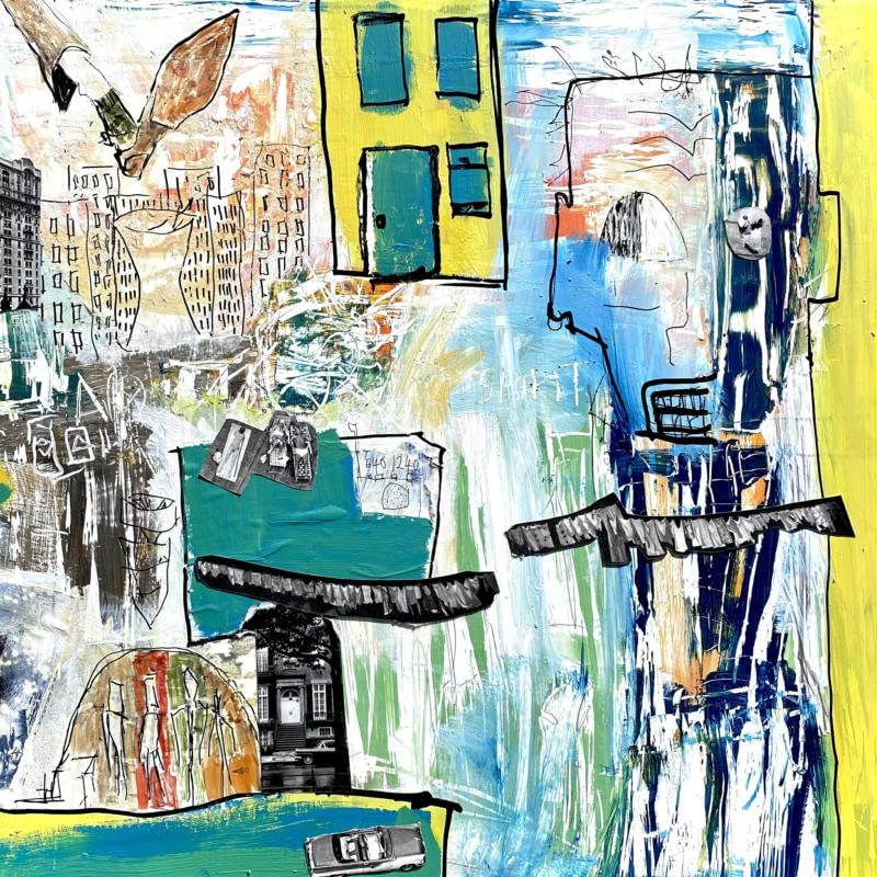 Abstract painting of buildings, a bird, and a face in blue and yellow.