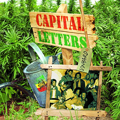 A wooden sign with "Capital Letters" and "Vinyard" text, surrounded by greenery and a watering can.