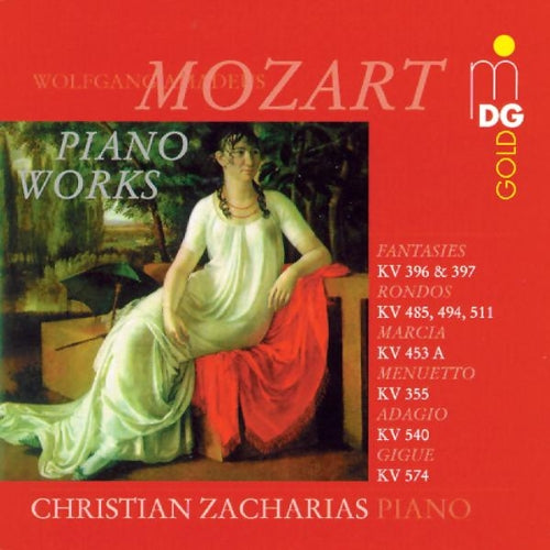 Red CD cover with painting of a woman in white dress, Mozart's piano works.