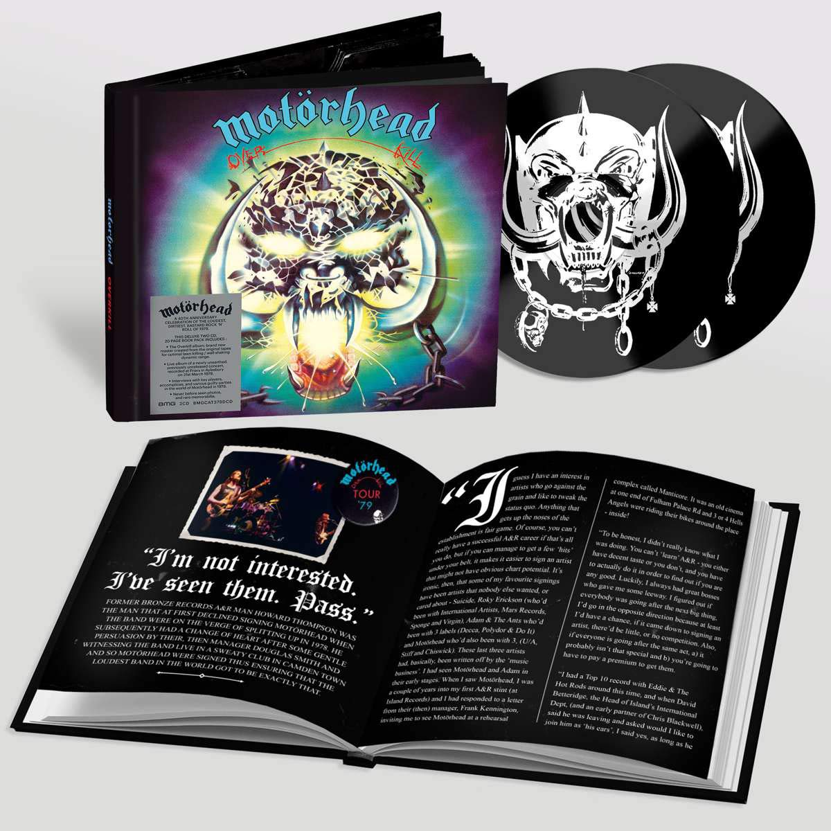 "Motörhead CD box set with CDs and open booklet on white background."