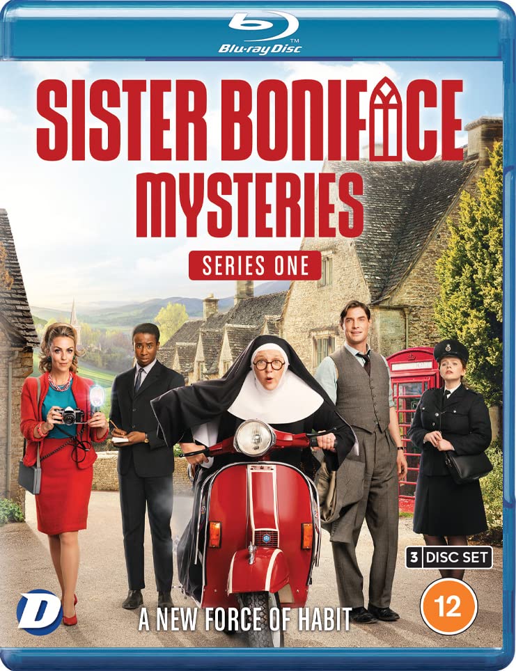 Blu-ray cover for The Sister Boniface Mysteries featuring cast members and a red scooter.