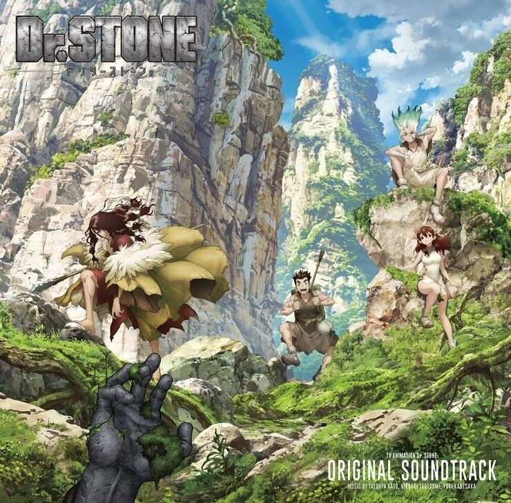 Anime characters in a rocky, overgrown landscape with the Dr. Stone logo and text.