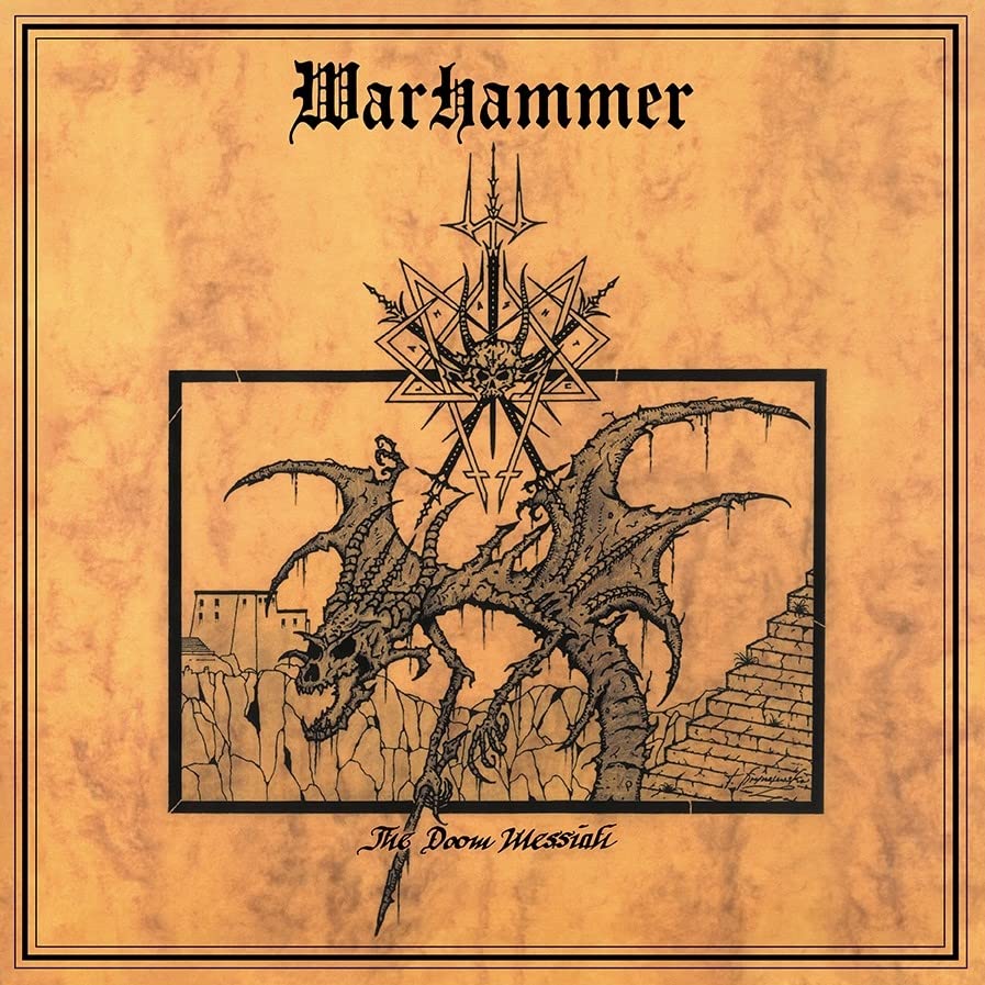 Album cover with a winged skeletal creature, occult symbols, and text on parchment background.