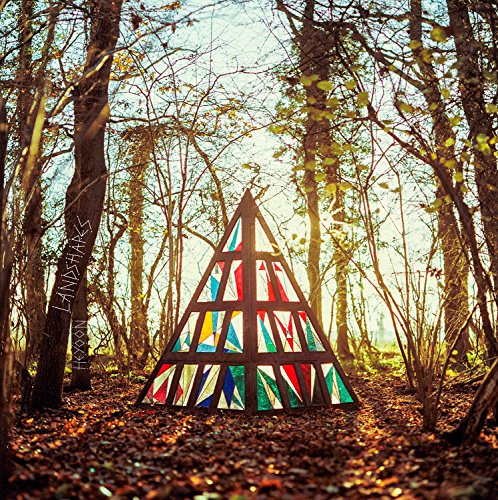 Triangular stained-glass structure in a forest, album cover for Landshapes - Heyoon.