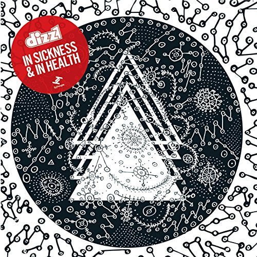 "Dizz1 album cover with red label and abstract black and white design."