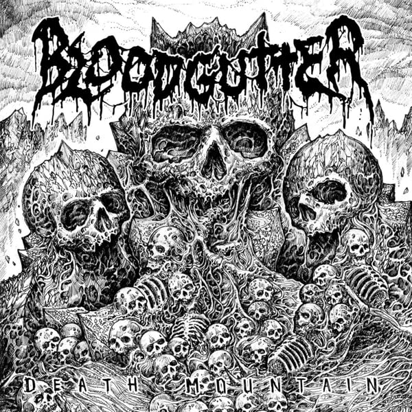 Black and white album cover with skulls, mountains, and band name "Bloodgutter.