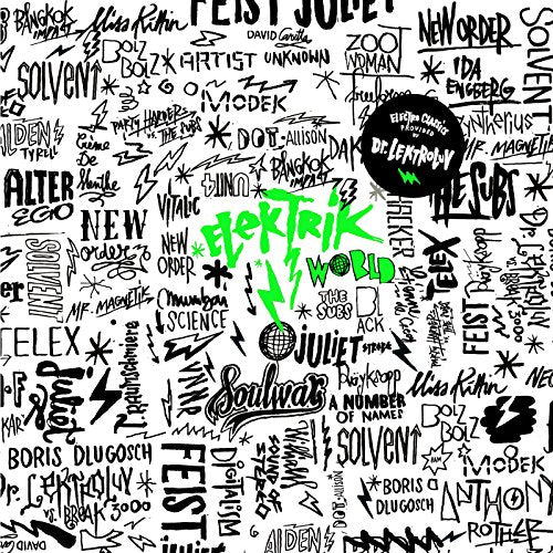 The image is a white square with various black handwritten-style words and symbols, and "Elektrik World" in green.