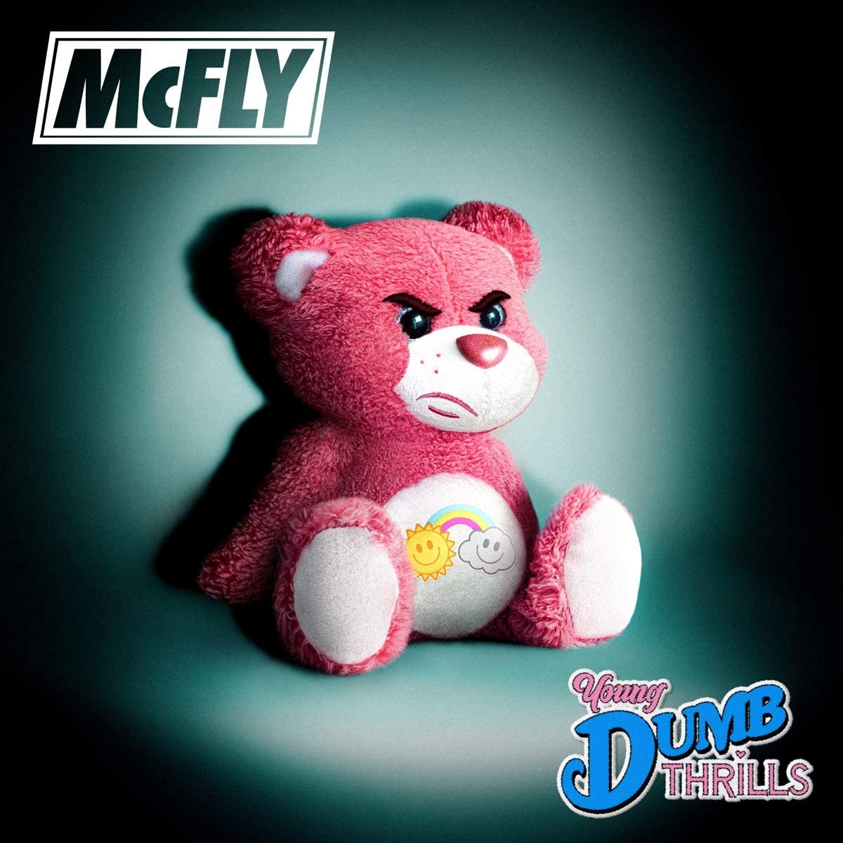 "Album cover featuring a pink teddy bear with a frowning expression."