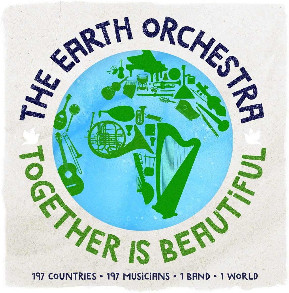 A CD cover featuring a blue globe with green musical instruments and text.