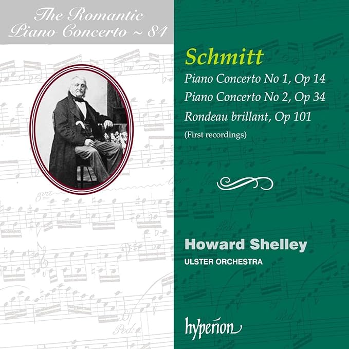 CD cover for Aloys Schmitt piano concertos with portrait and sheet music.