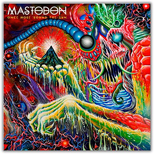 Psychedelic album cover with a vibrant, monstrous face and central mountain.