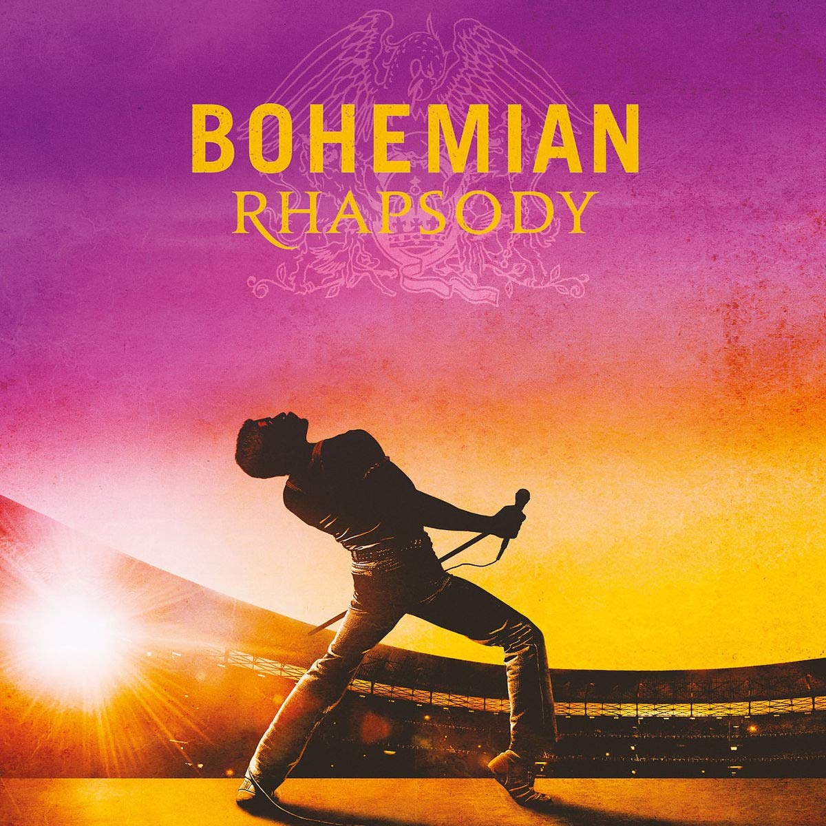 "Album cover with silhouette of singer holding microphone, against a purple and orange background."