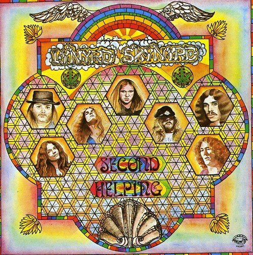 Lynyrd Skynyrd's "Second Helping" album cover with band members' photos and rainbow design.