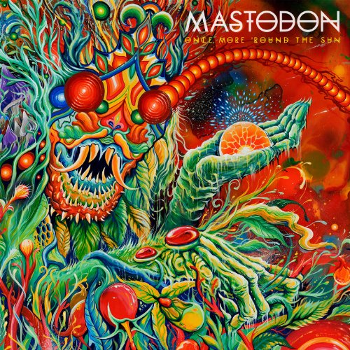 The image is a music album cover. Alt text: Colorful, psychedelic illustration of a monster holding an orange sun.