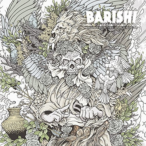 The alt text for the image is: "Album cover with intricate black and white illustration of skulls and flowers."