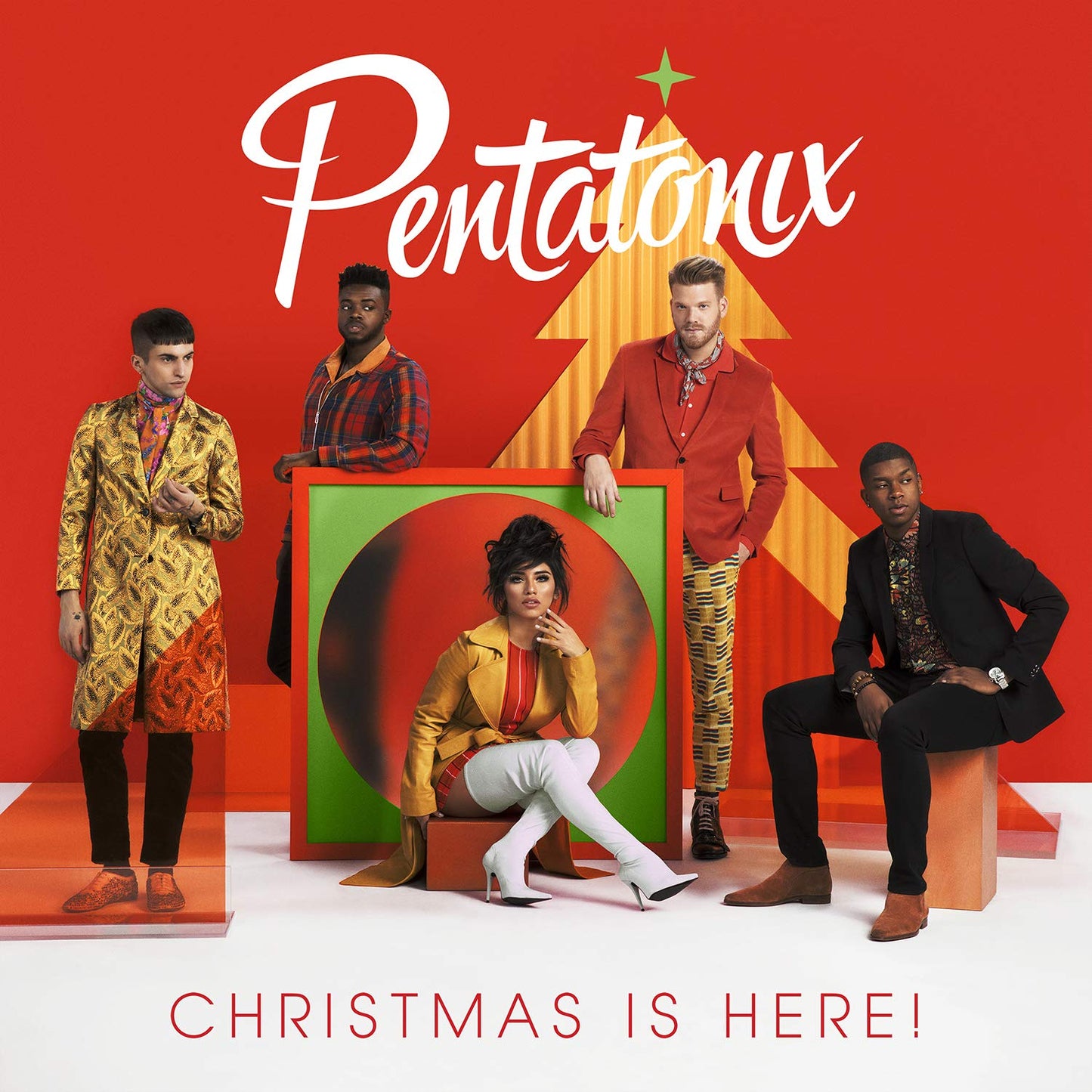 Pentatonix Christmas album cover: five men posing in front of a red background.