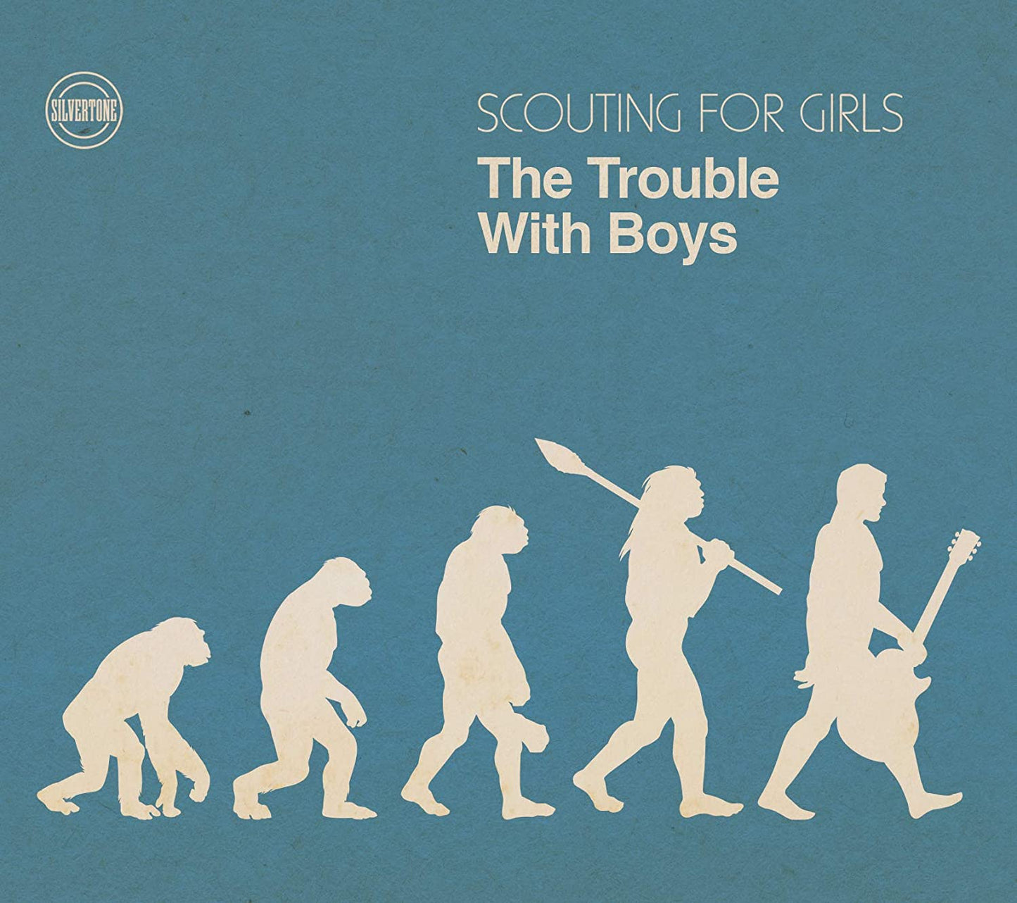 Blue album cover with white silhouettes of human evolution holding instruments.