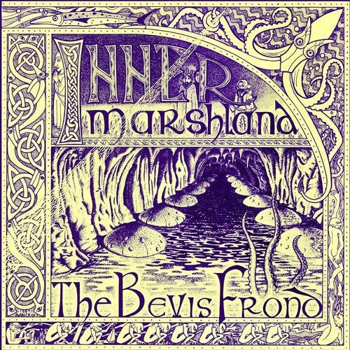 Purple and cream illustration of a cave scene with tentacles and Celtic-style border patterns.
