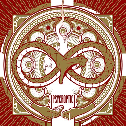 "Album cover art featuring a snake and eyes with red and gold details."