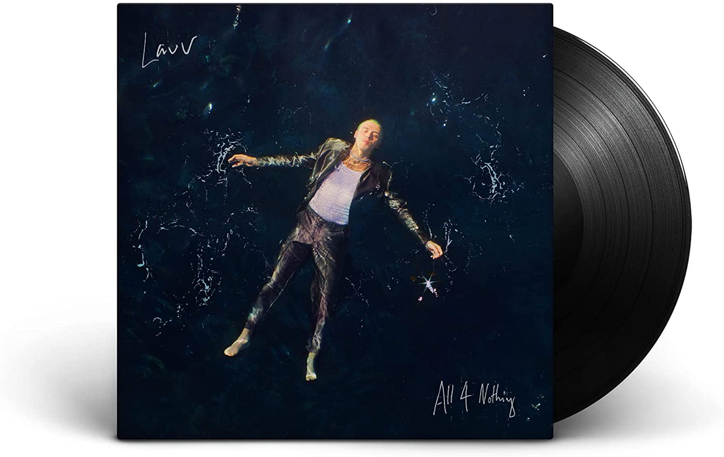 Lauv album cover: man floating in dark water, starry sky.