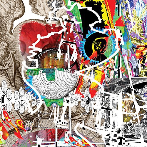 A vibrant, abstract collage featuring various sketches, shapes, and colors on a white background.