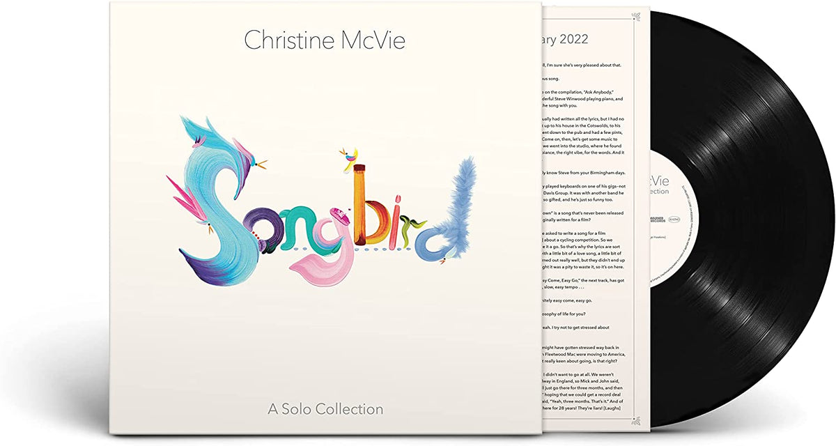 Christine McVie "Songbird" vinyl record with colorful bird artwork.