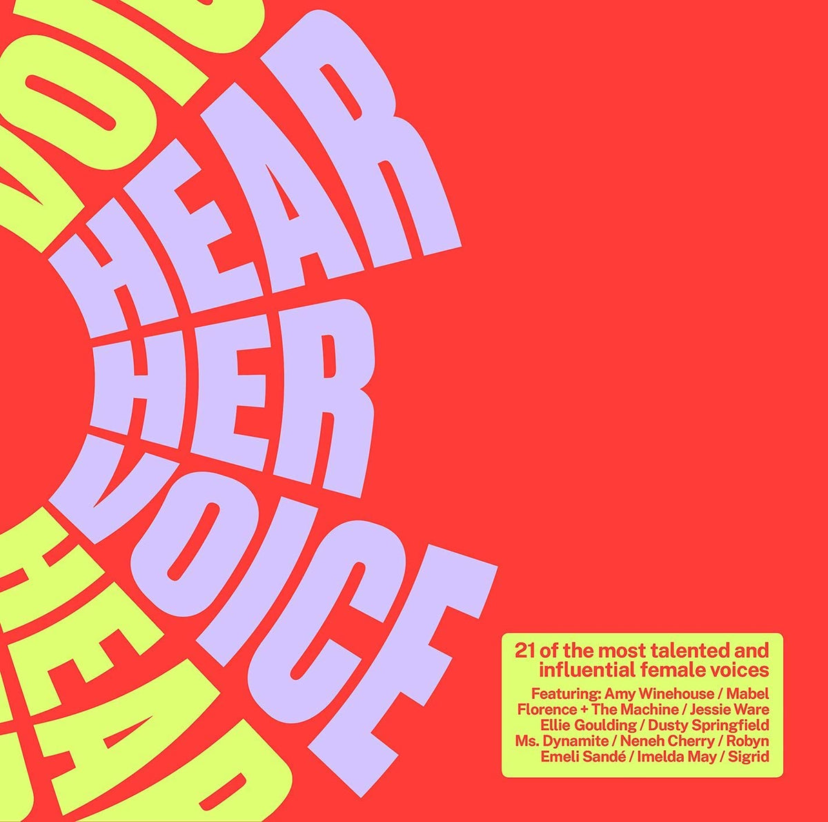 CD cover for “Hear Her Voice” with bold purple text on red background.