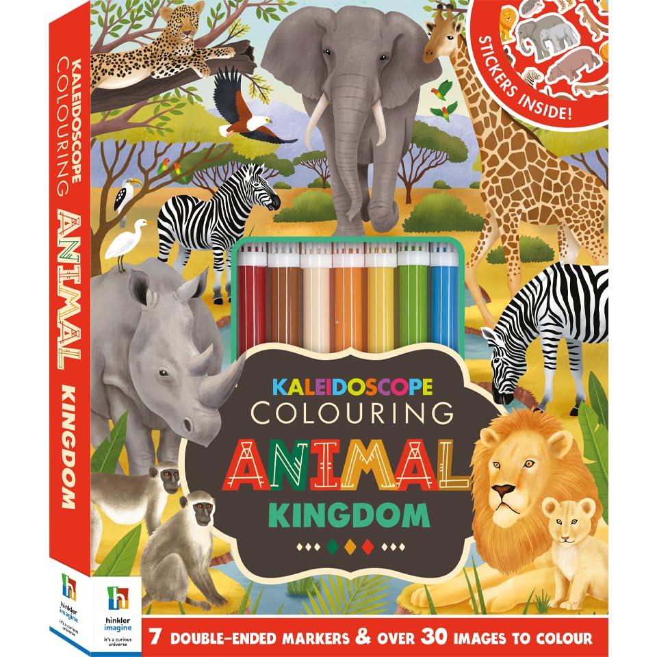 Animal Kingdom Colouring Book | Kaleidoscope Colouring Kit with 7 Double-Ended Markers | Colouring Book for Adults and Children