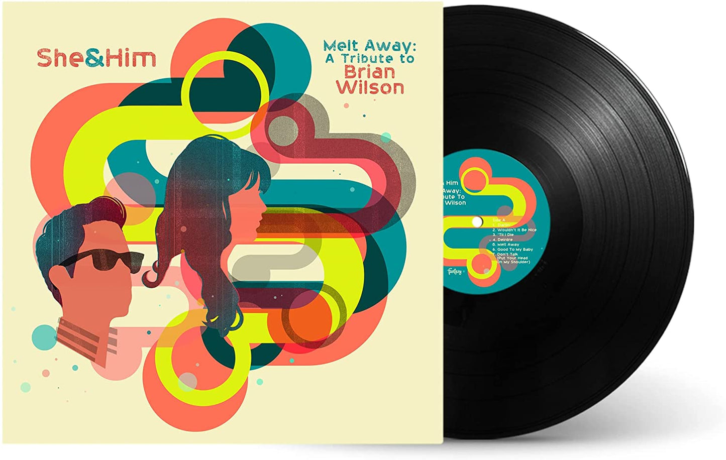 Vinyl record with cover art featuring abstract faces and colorful swirls on a cream background.