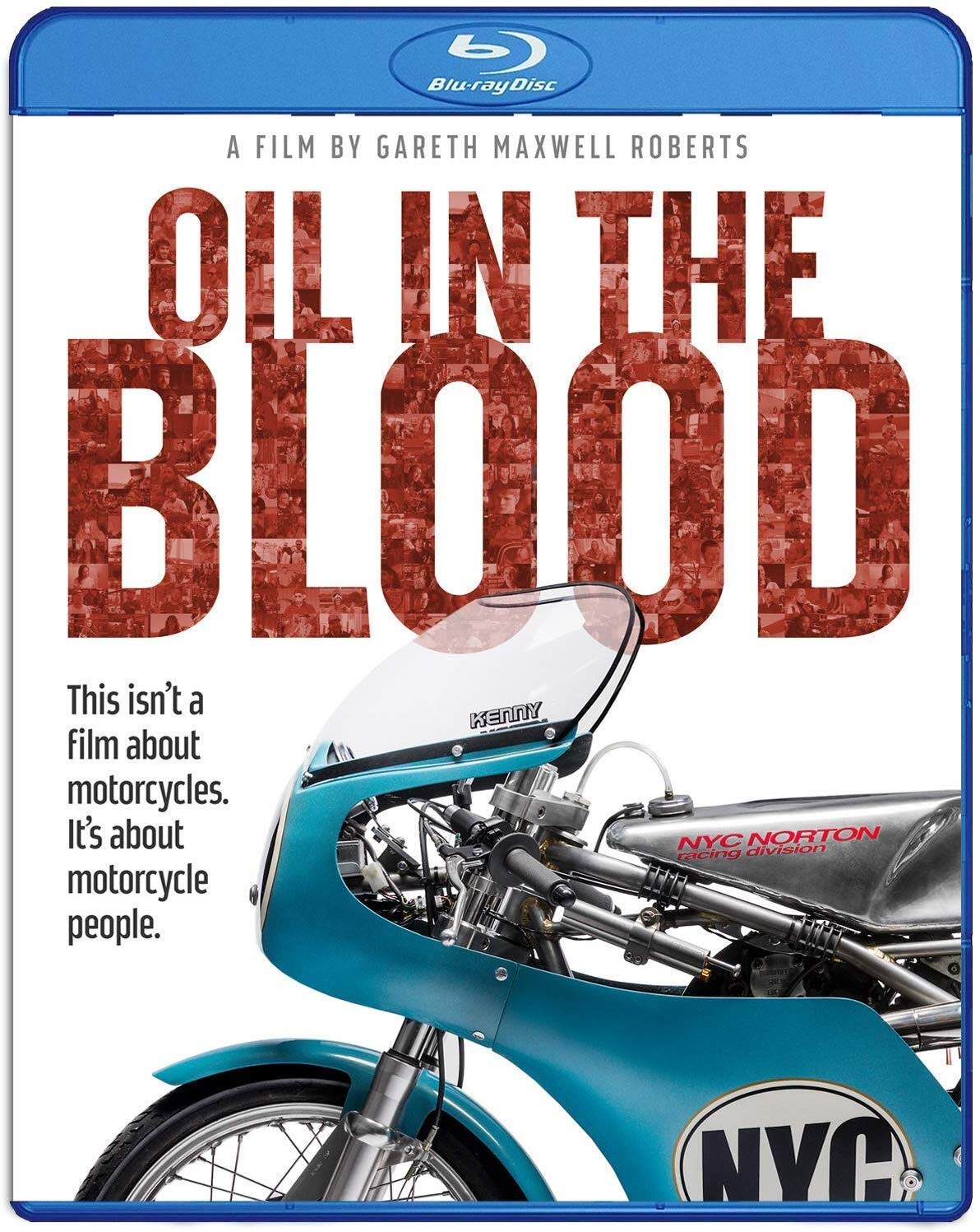 Blue-ray case for "Oil in the Blood" with a blue motorcycle on the cover.