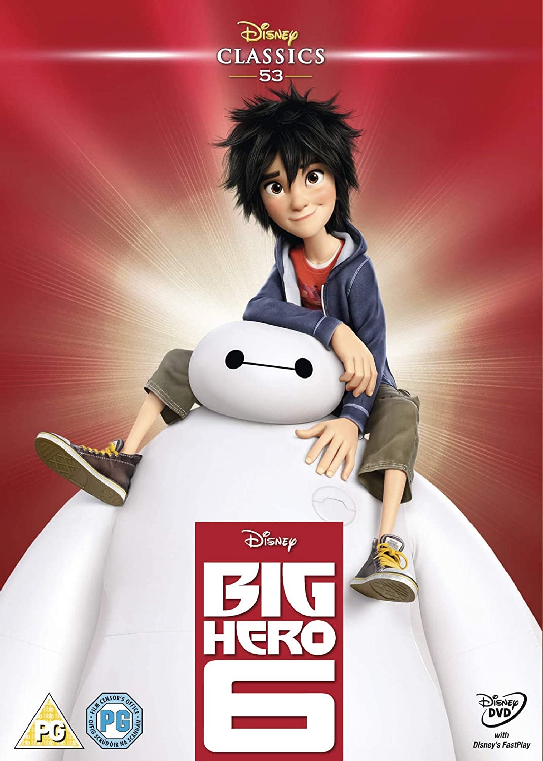 Big Hero 6" DVD cover featuring Hiro and Baymax on a red background.