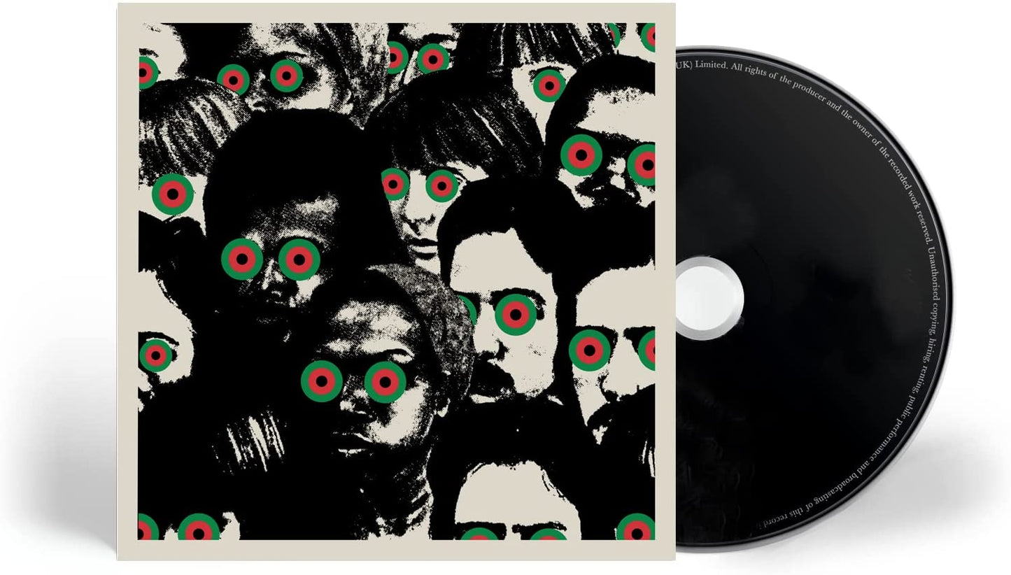 "Album cover with black and white illustration, red and green eyes, beige border."