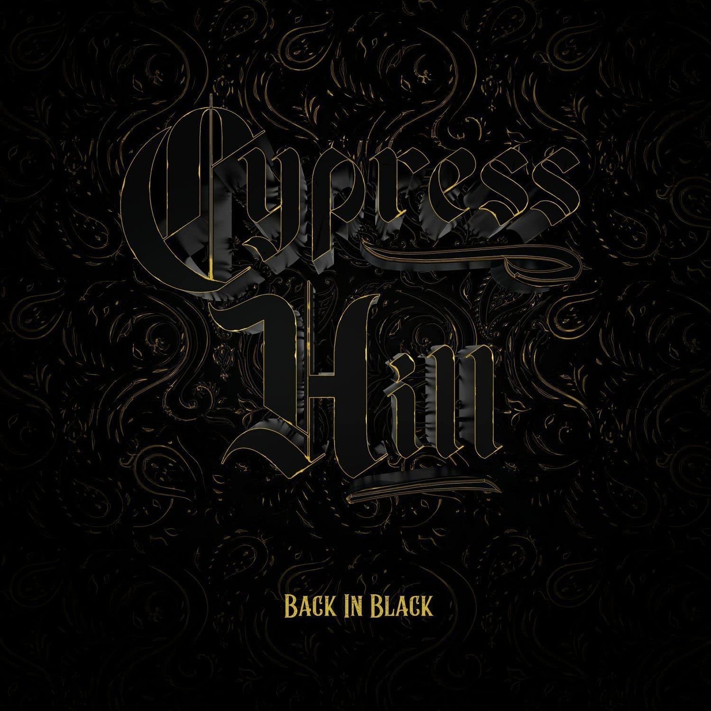 "Black album cover with 'Cypress Hill' in ornate gold lettering and 'Back in Black' below."