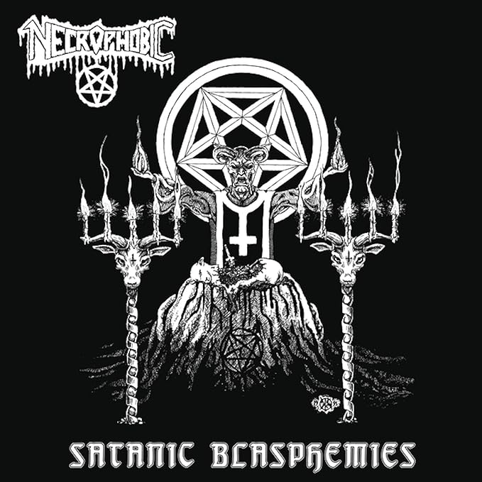 Black and white album cover with satanic imagery and band name "Necrophobic".