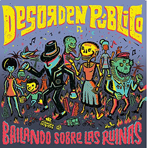 Album cover: colorful illustration of monsters and people dancing amid ruins.