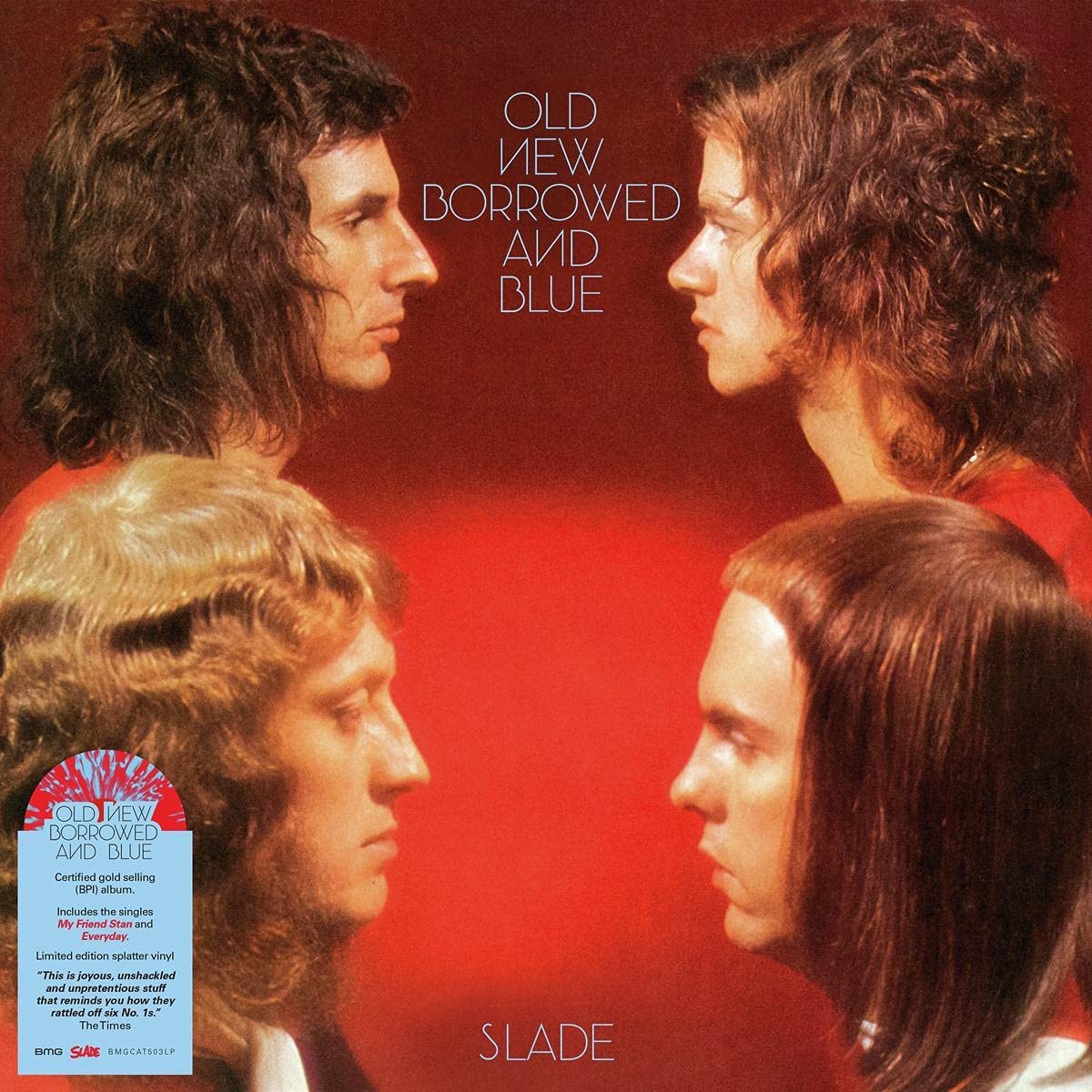 "Vinyl record cover featuring the band Slade with four men's profiles on a red background."