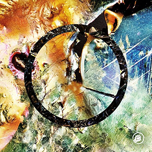 "Album cover with abstract, multicolored background and a black circular design."
