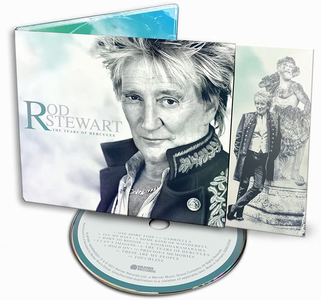 Rod Stewart's album cover featuring a black-and-white portrait of him in a military-style jacket.