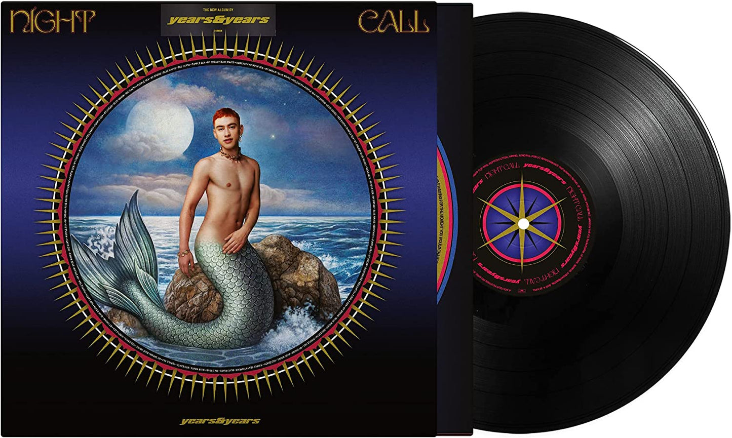 "Vinyl record cover featuring a merman on a rock under a full moon."