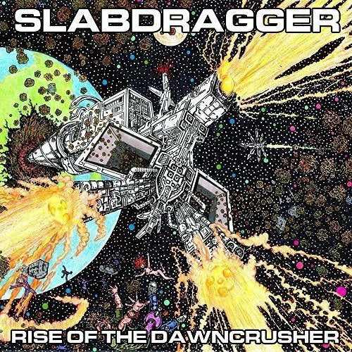 "Album cover with a futuristic spaceship firing at a planet, surrounded by explosions."