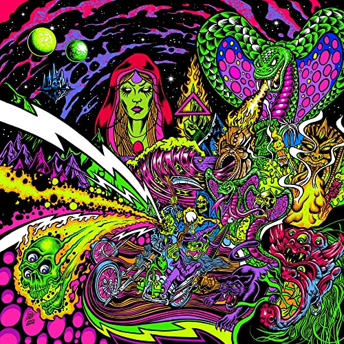 Psychedelic album cover with a woman, dragon, skull, and motorcycle imagery.