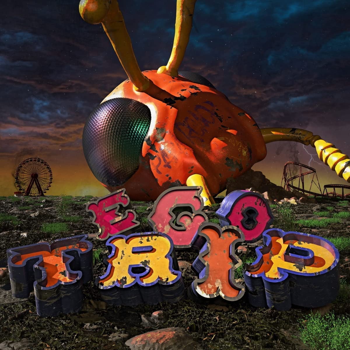 "Album cover art: 'Ego Trip' by Papa Roach, featuring a distorted, orange creature."